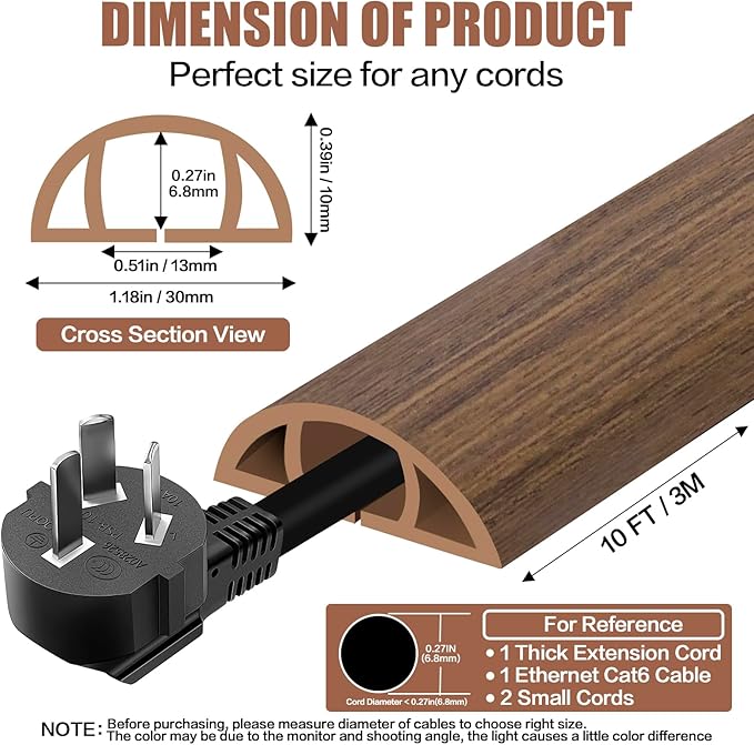 Floor Cord Cover Cable Cavity Self Adhesive Cord Hider Floor 10FT Floor Cable Management Power Cord Protector Floor Electric Cord Covers for Offices, Gym, Exhibitions (Misty Brown Wood, 1.18" x 10')