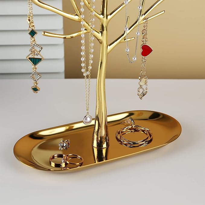 MORE&LESS Branch Jewelry Rack with metal tray,Luxury color,Tree Tower Rack Hanging Organizer for Ring Earrings Necklace Bracelet,Suitable for living rooms, bathrooms,offices,etc.