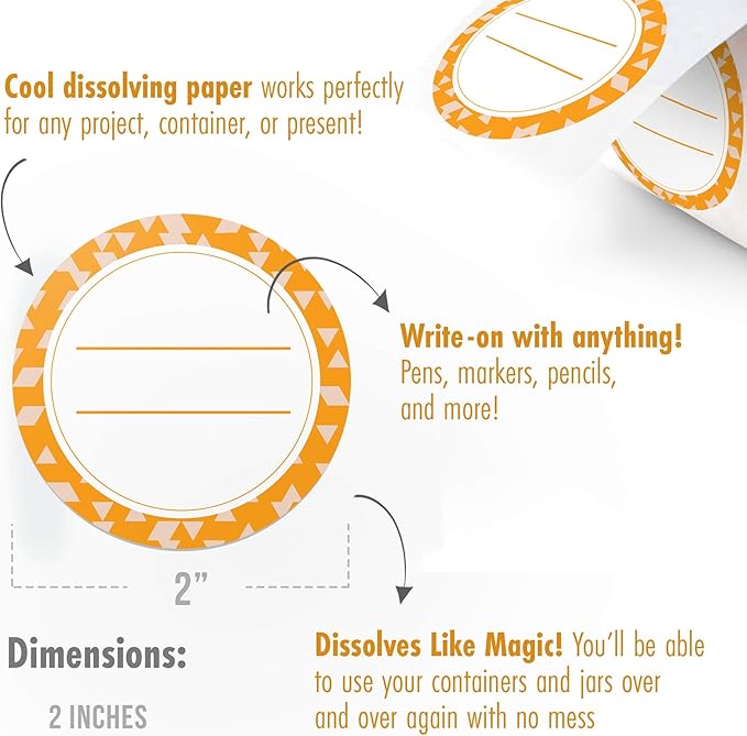 Canning Labels Dissolvable Stickers for Mason Jars and More (2" Round 200/roll) Canning Supplies Washes Off in Seconds Like Magic - Jar Labels Homemade Jam, Jelly, and More (Orange)