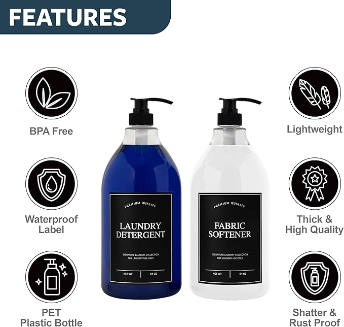 Calindiana Laundry Detergent Dispenser for Laundry Room Organization, Clear 64oz PET Plastic Landry Soap Containers with Black Water Resistant Labels, Black Pumps and Screw Caps, Collapsible Funnel