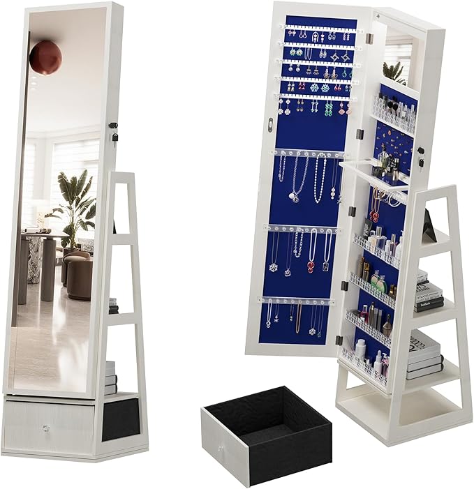 Montary Jewelry Cabinet with Full-Length Mirror - Freestanding Jewelry Armoire with Lockable Storage, Built-In Lighted Mirror & Back Storage Cabinet, White