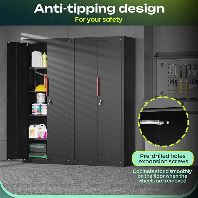 71" H Garage Storage Cabinet with Wheels,Metal Cabinets with 4 Adjustable Shelves and 2 Locking Doors for Garage,Home,Office,Shop,Black