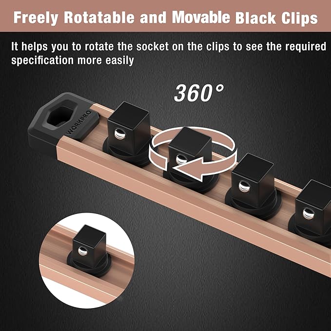 WORKPRO Magnetic Socket Organizer, 1/4-Inch Drive Aluminum Alloy Socket Rail, Heavy Duty Socket Holder, Socket Rack Kit 1/4-Inch x 12 Clips Champagne (Socket not Included)