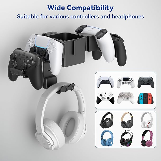 KDD Controller Wall Mount & Headset Holder, Universal Gaming Organizer Stand with Storage Box, Fits Xbox Series X/S, PS4, PS5, Switch, Steam, Gamepad Hanger for Headphones & Accessories