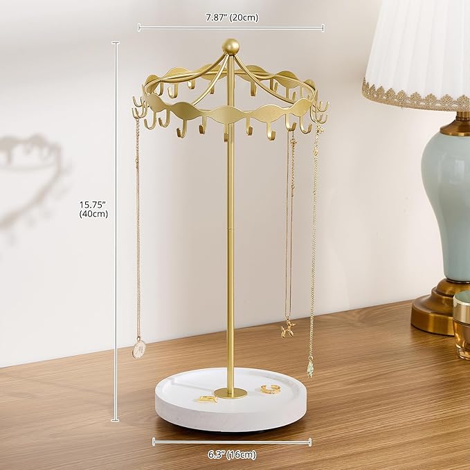 Lolalet Rotating Necklace Holder Stand with Metal Hooks, Spinning Display Carousels, Freestanding Organizer Hanger, for Long Necklaces Chains -Gold