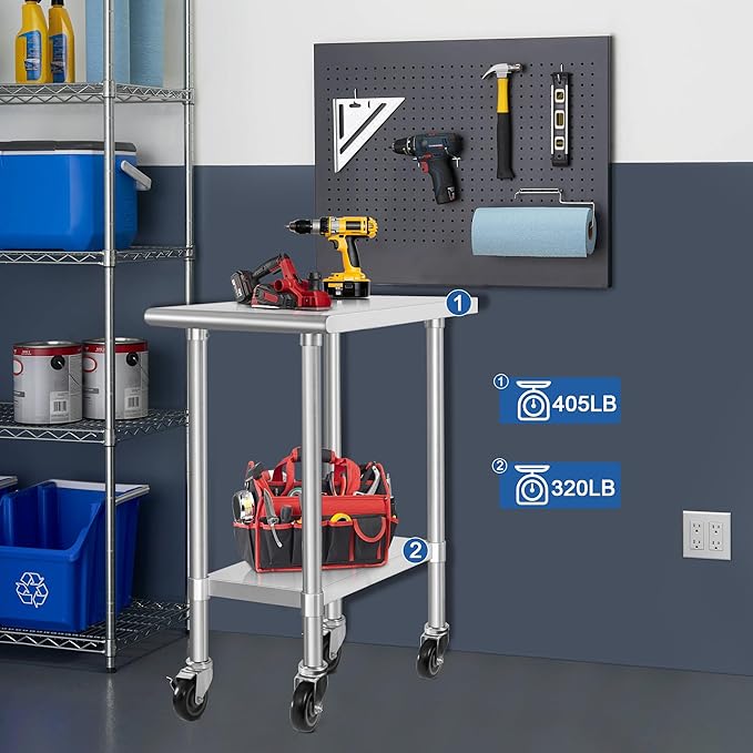 HARDURA Stainless Steel Commercial Table Prep & Work Table with Casters Heavy Duty Metal Table with Wheels NSF 430 30×18 Inches