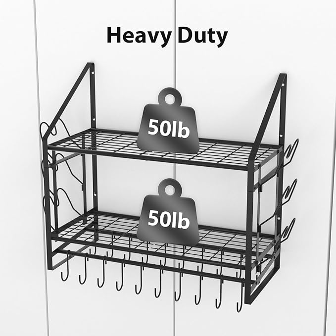 28 Inch Pot Rack Wall Mounted, 2 Tier Pots and Pans Organizer with 20 Hooks and 6 Pot Lid Holders, Heavy Duty Steel Pot and Pan Hanger for Kitchen Cookware Utensils Storage 34.7" Lx13 Wx26.4 H