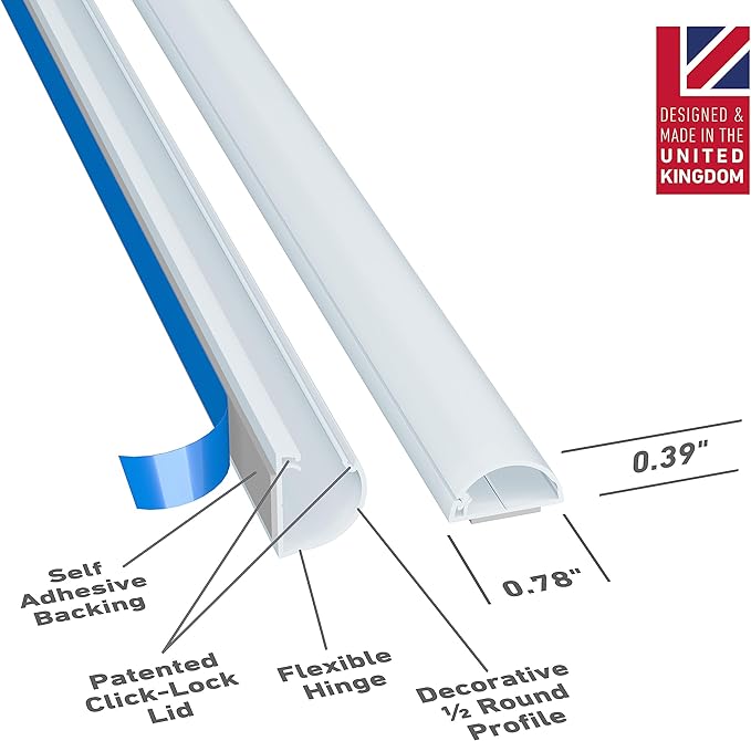 D-Line Small Cord Cover Kit, 30ft Self-Adhesive Wire Hider, Half Round Cord Covers, Paintable Cable Management - 6X 5ft Channels and 13 Accessories