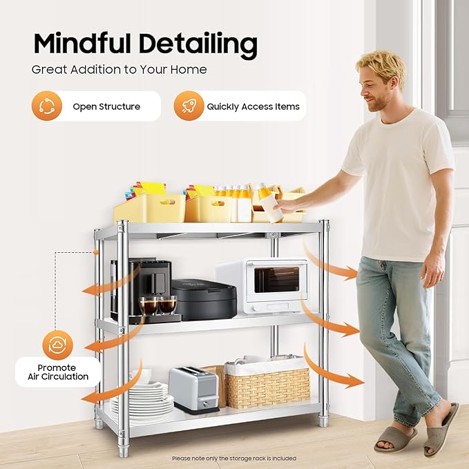 Metal Work Table,3 Tier Kitchen Storage Rack, Stainless Steel Shelving Unit Organizer with Adjustable Shelf for Pantry, Bathroom, Laundry Room, 66 lbs Load Capacity