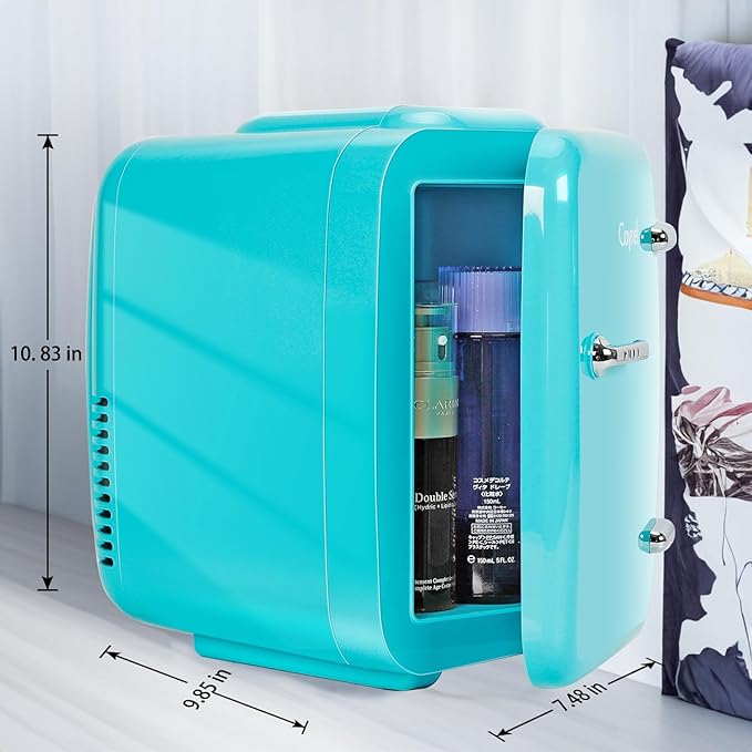CAYNEL Mini Fridge, 4 Liter/ 6 Cans Small Refrigerator for Bedroom, 110V AC/ 12V DC Thermoelectric Cooler and Warmer for Drink Office Dorm Car, Blue