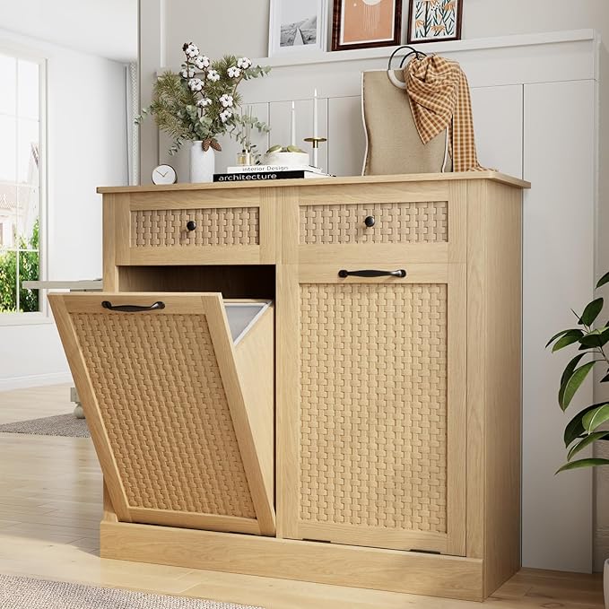 Double Tilt Out Laundry Hamper Cabinet,10 Gallon Laundry Cabinet with Drawers ＆ 2 Hidden Baskets, Farmhouse Storage Basket for Laundry Room, Bathroom, Kitchen, Wood