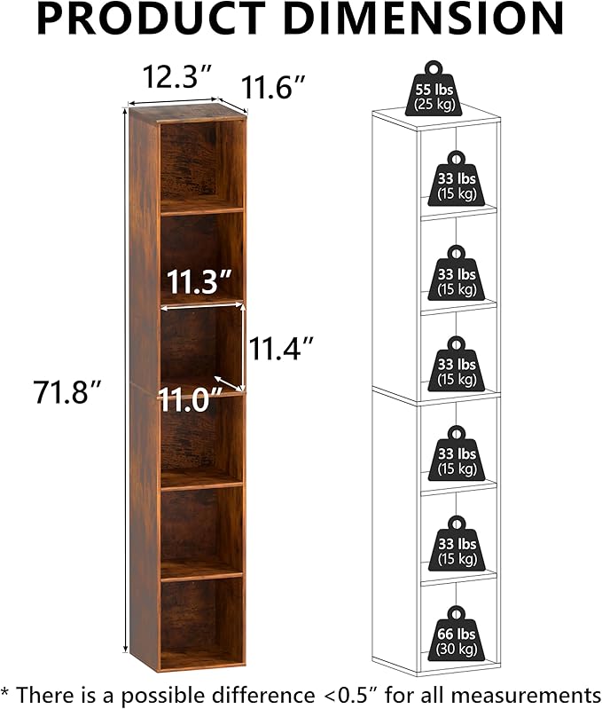 6 Cube Storage Organizer, 6 Tier Cube Low Bookcase Freestanding Storage Display Organizer, Three-Cubes Open Shelf Bookshelf for Home Office (Retro Brown, 6 Cube)