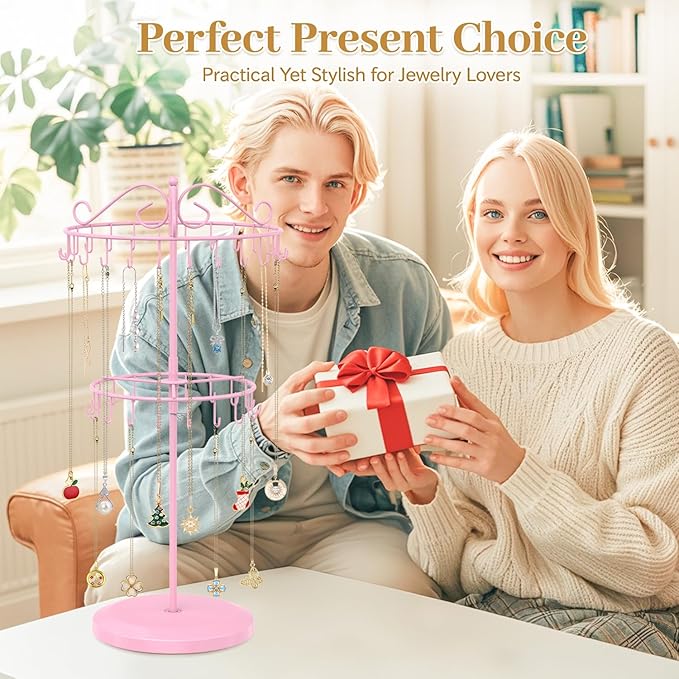 MODOWEY Rotating Necklace Holder Organizer Display Stand with 42 Hooks, 2 Tier Adjustable Metal Tree for Long Necklace Hanger Selling, Tall Spinning Bracelet Storage Rack for Men Women, Pink