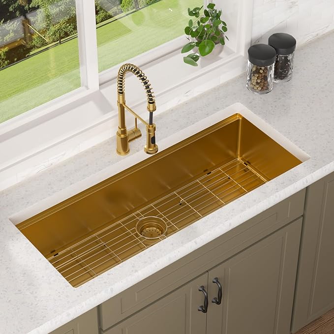 Lordear Luxury 45 Inch Kitchen SInk Gold Undermount Kitchen Sink Large Ledge Workstation 16 Gauge Stainless Steel Single Bowl Under Counter Gold Kitchen Sink with Built-in Accessories 45''x19''x10''