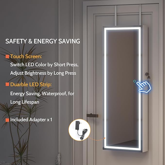 LVSOMT LED Mirror Jewelry Cabinet, Wall/Door Mount Jewelry Armoire Organizer with Lights, Full Length Mirror with Jewelry Storage, Over the Door Hanging Jewelry Cabinet (White)