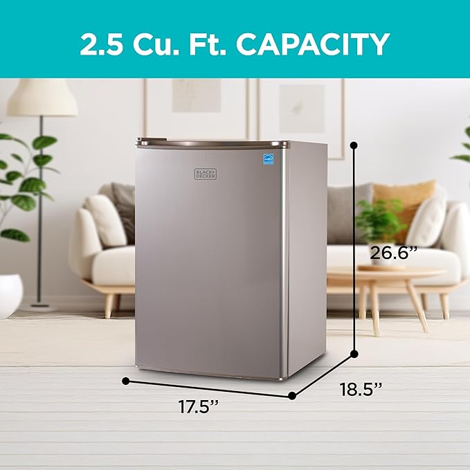 BLACK+DECKER 2.5 Cu. Ft. Compact Refrigerator, ENERGY STAR Certified, Single Door Mini Fridge with Chiller Compartment, Personal Fridge for Home or Dorm Room, R600a Refrigerant, BCRK25V,Stainless Look