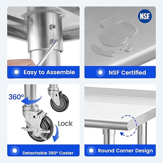 Stainless Steel Table for Prep & Work 24 x 72 Inches with Caster Wheels, NSF Commercial Heavy Duty Table with Undershelf and Backsplash for Restaurant, Home and Hotel