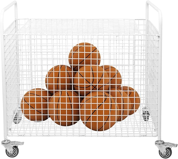 Metal Basketball Rolling Cart Sports Equipment Storage Wheel Basket White Athletic Portable Lockable Cage Raised Handle Gym Home Garage School Court Field Football Soccer Ball Volleyball Bat