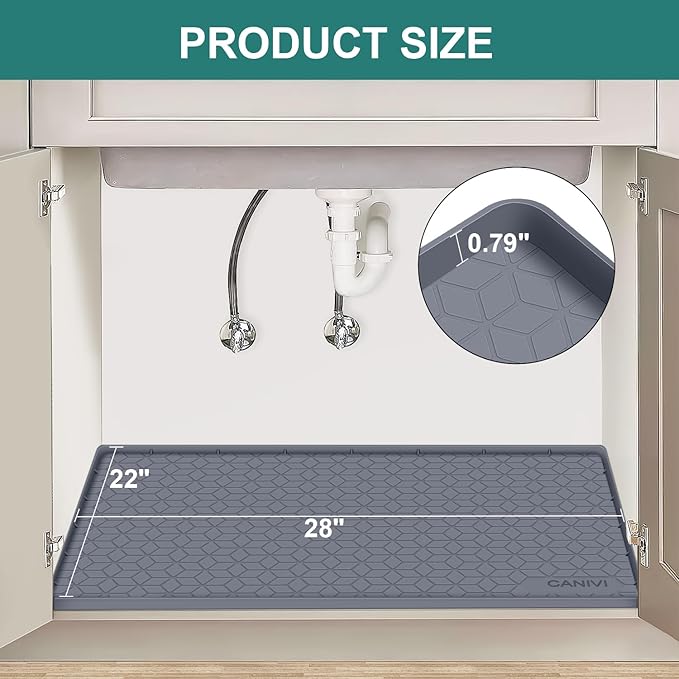 Under Sink Mat, 28" x 22" Waterproof Silicone Under Sink Tray for Kitchen & Laundry Cabinets, Kitchen Cabinet Shelf Protector, Up to 3 Gallons Liquid, Fits 36 inch Standard Cabinet (Blue Grey)