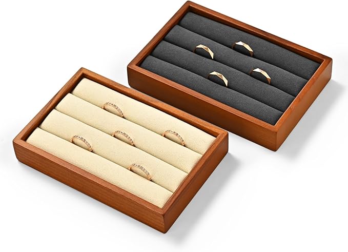 Solid Wood 3-Slots Jewelry Ring Display Tray Showcase Small Jewelry Display Organizer Tray for Rings(M,Grey)