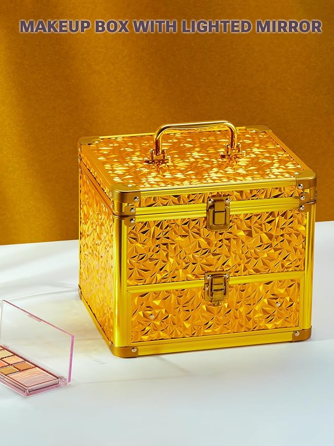 Qislee Makeup Box with Drawer and A Detachable Lighted Mirror, Waterproof Travel Train Case, Cosmetic Organizer and Makeup Suitcase with Adjustable Dividers, Magnetic LED Mirror (Luxury Gold)