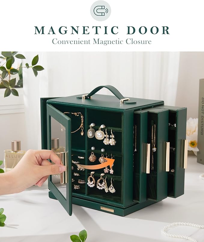 Homde Christmas Gifts Jewelry Box 360° Rotating, Necklace Earring Organizer with Transparent Window, Mirror, 7 Drawers, Large Ring Display Storage Case for Girls Women (Forest Green)