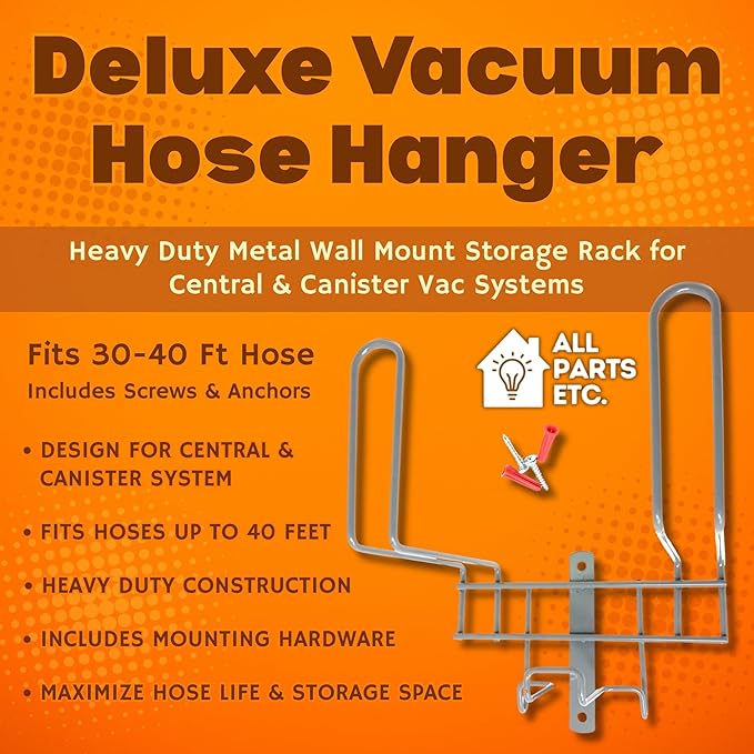 Deluxe Vacuum Hose Hanger – Heavy Duty Metal Wall Mount Storage Rack for Central & Canister Vac Systems – Fits 30-40 Ft Hose – Includes Screws & Anchors – Gray