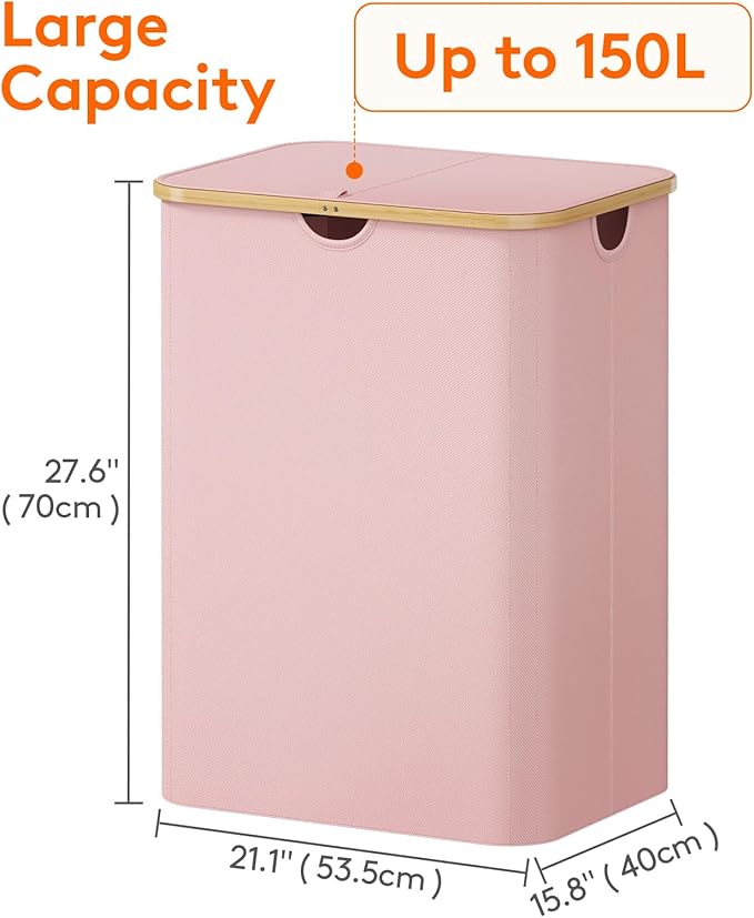 Lifewit 150L Laundry Basket with Lid, Clothes Hampers for Laundry with Bamboo Handles and 2 Removable Bags, Large Foldable Laundry Hamper for Bedroom, Bathroom, Dorm, Pink