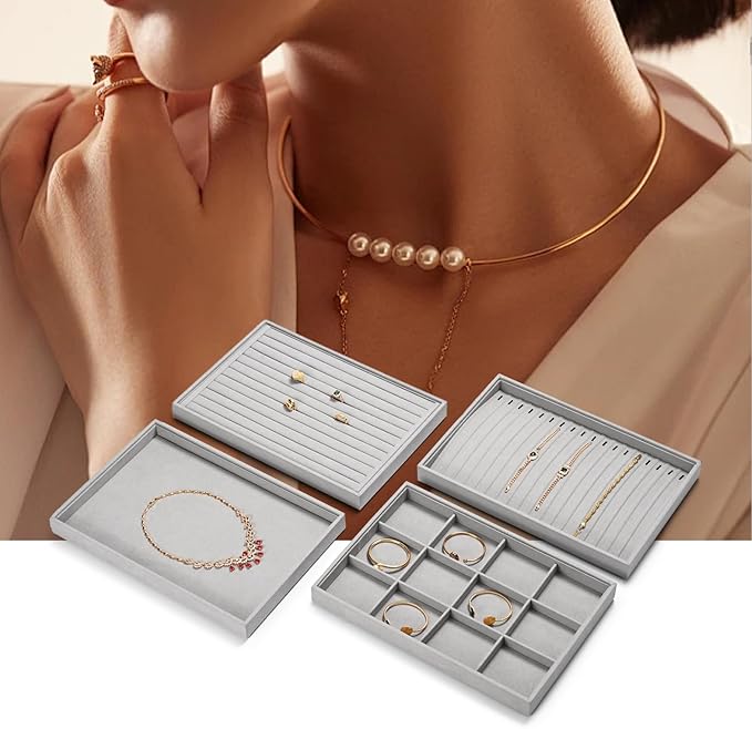 Jewelry Display Tray - Gray Microfiber Ring & Earring Organizer (13.8 x 9.4 Inches) - for Home or Store Use