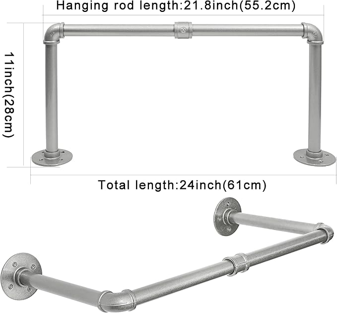 WEBI Industrial Pipe Clothing Rack,24" Wall Mounted Clothes Rack for Hanging Clothes,Heavy Duty Metal Garment Rack Bar Wall Mount Clothing Rod for Closet,Laundry Room,Silver