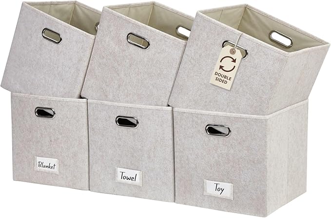 DECOMOMO Felt Storage Bins, 13 inch Cube Storage Bins with Labels for Organization (Cube 13" / 6pcs, Beige)