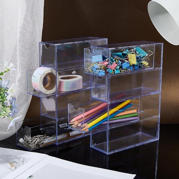 DICOSMETIC 2Pcs Small Acrylic Desk Organizer Drawers Stackable Desktop Storage Box Clear Stationery Supplies Organizer with 8Pcs Removable Drawer for Makeup Office Supplies Storage