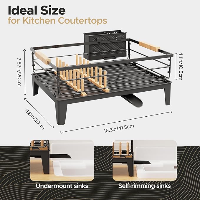JYPS Dish Drying Rack for Kitchen Counter Decor with Drainboard Auto-Drain，Rustproof Dish Rack Drainers with Utensil Holder, Wooden Handles，360° Rotatable Drainer, Higher Legs (Black)