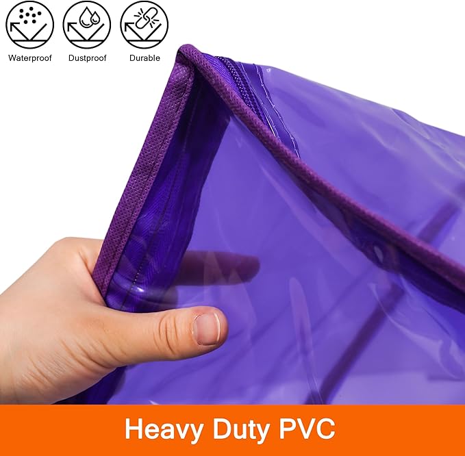 Vieshful 90L Clear Clothes Storage Bag Colorful Clothes Organizer with Zipper Vinyl Storage Bag for Comforter, Blanket, Bedding, Duvet, Transparent Moving Totes 3 Pack, Purple