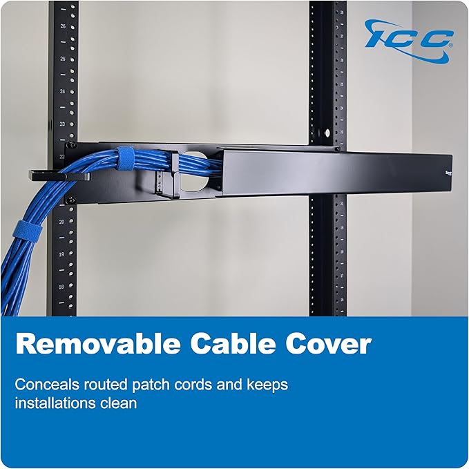 ICC 2U Ring Cable Manager Panel with Cover, Metal, 3" D-Rings, Horizontal and Vertical Cable Management, Rackmount for 19” Network Racks, Black, Single Pack