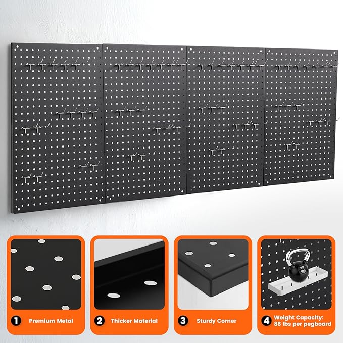 Pegboard, 4 PCS 24"×16" Metal Peg Board Panels Black Modular Wall Organizer Kit with 40 Hooks, Dual-Size Hole Design for Home Tool Storage, Garage Organization, Kitchen, Office, Craft Room