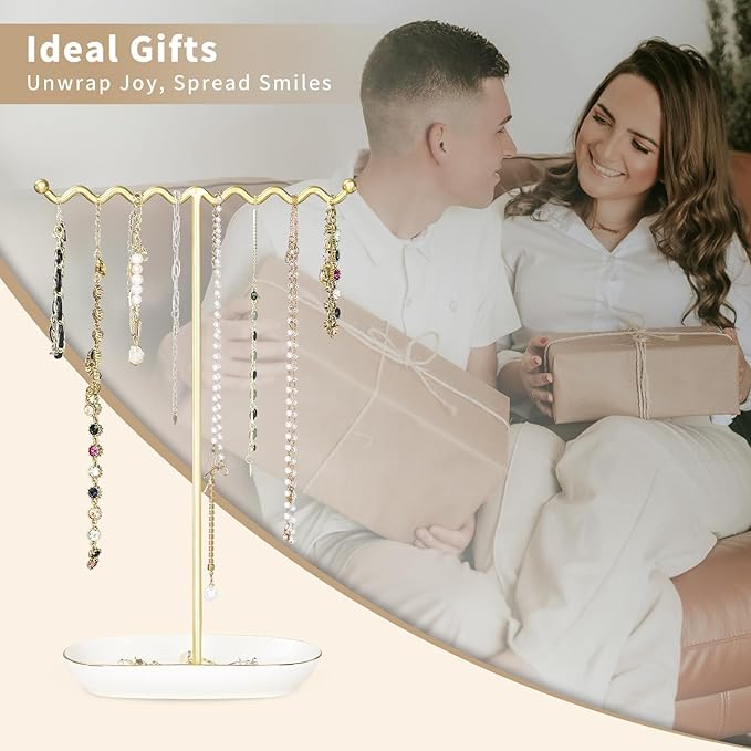 Elegant Jewelry Holder Stand: Metal Tree & Ceramic Tray Organizer for Necklaces, Rings, Earrings - Durable, Rustproof Display Holder Easy to Access Deluxe White