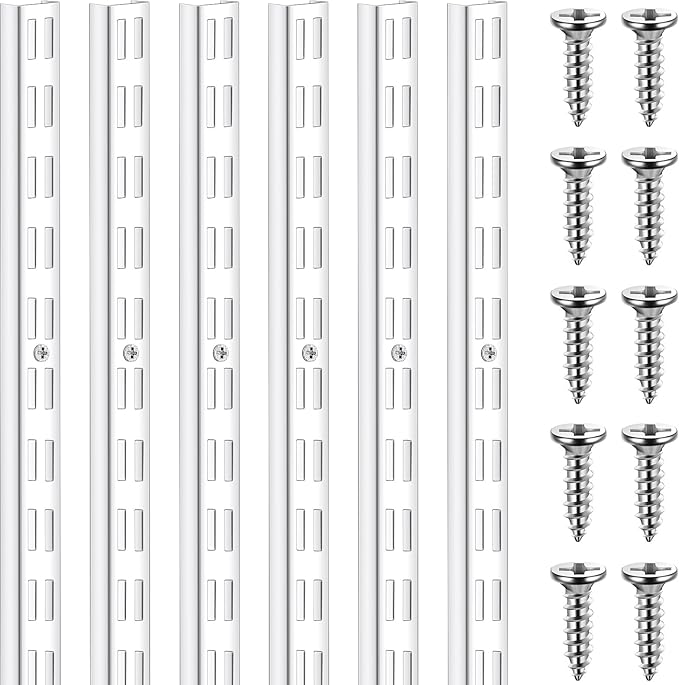 6 Pcs Dual Track Upright Wall Shelving System Heavy Duty Support System Twin Slot Shelf Rail Shelf Standards for Pantries Linen Closets Laundry Rooms(White,47.5 Inch)