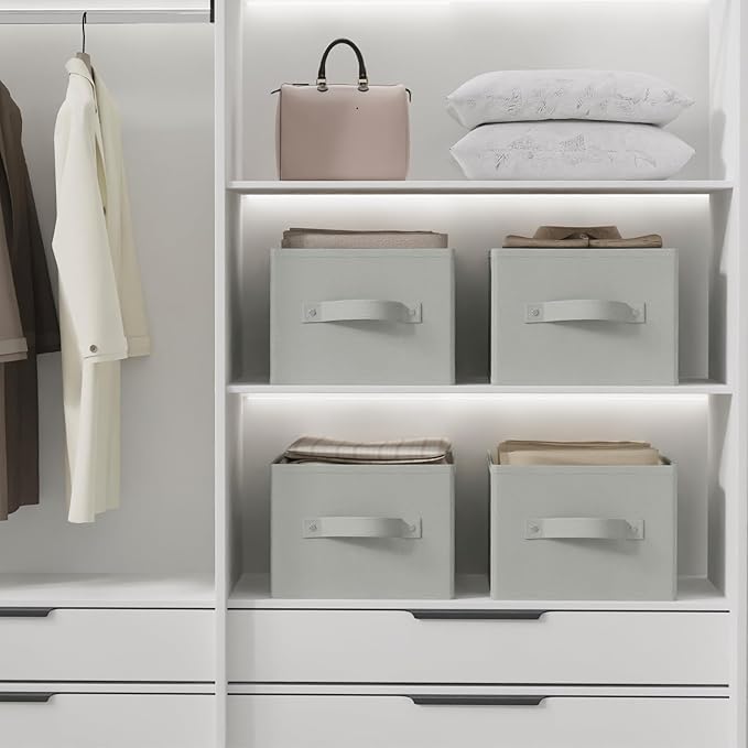 Foldable Closet Organizer, 3 Pack Cube Storage Bin, Clothes Basket for Shelves with 2 Handles, Saving Space, Grey, 18.5 x 11 x 7.9 In, XSNY11GL-3