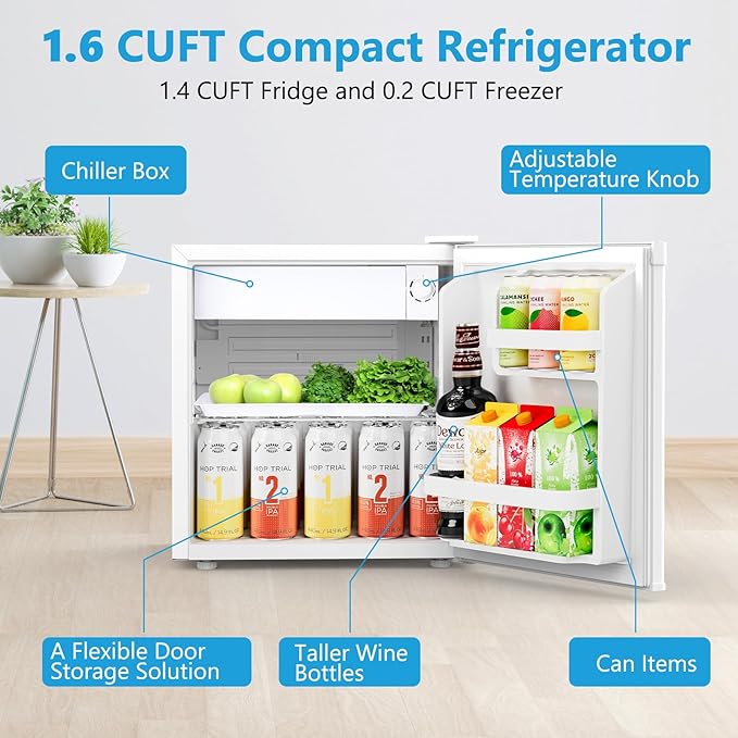 1.6 Cu.ft Mini Fridge with Freezer, Compact Refrigerator, Single Reversible Door, Ultra Quiet, Energy Efficient for Office, Dorm, Bedroom, Apartment, White