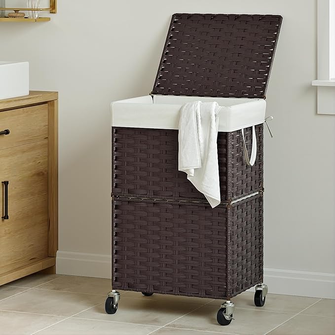Chrislley 90L Slim Laundry Hamper with Wheels, Rolling Laundry Basket with Lid and Renovable Liner Bag, Handwoven Rattan Organizer for bedroom, bathroom, laundry room (Brown)