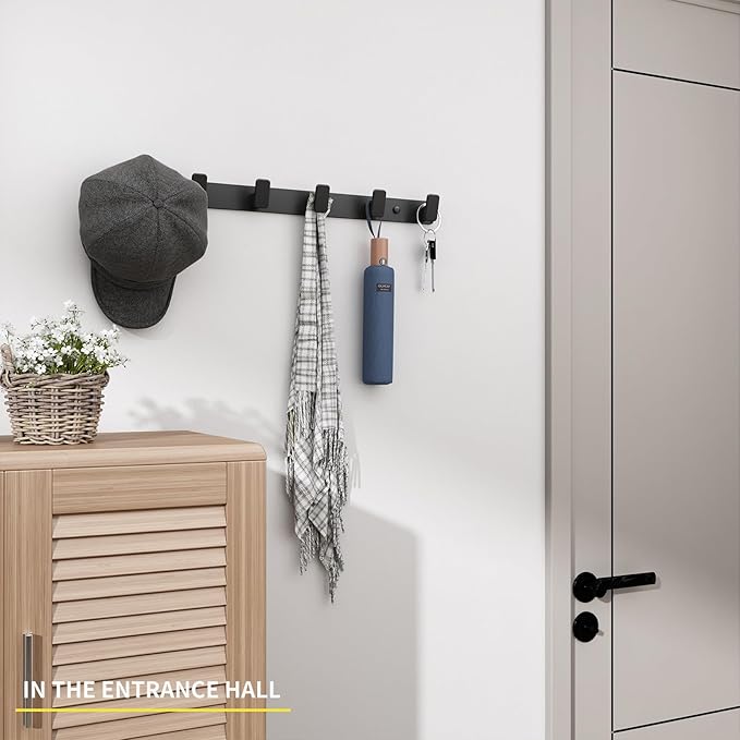 Coat Hook Wall Rack Hanger - Black Coat Rack with 6 Hooks Wall Hooks for Hanging Hat Key Bag Towel Wall Mount Coat Holder