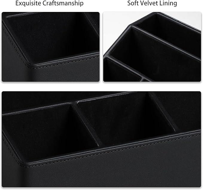 Remote Control Holder with 5 Compartments for Office Art Supplies, PU Leather Nightstand Organizer Pencil Pen Desk Caddy for Home, Desktop TV Remote Control Organizer Storage (Black)