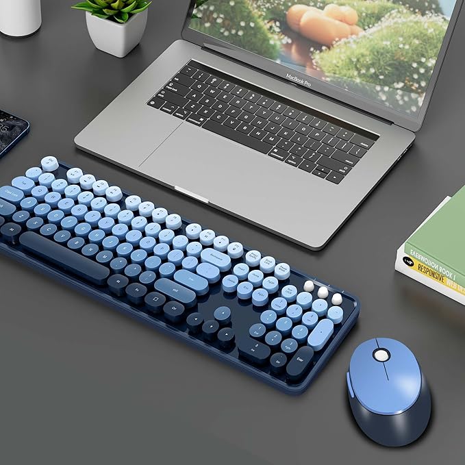 Wireless Keyboard and Mice Combo,Retro Round Keys Full-Sized Cute Keyboard, 2.4Ghz Dropout-Free Connection and Optical Mouse for Windows, Mac, PC, Laptop, Desktop (Blue-Colorful)