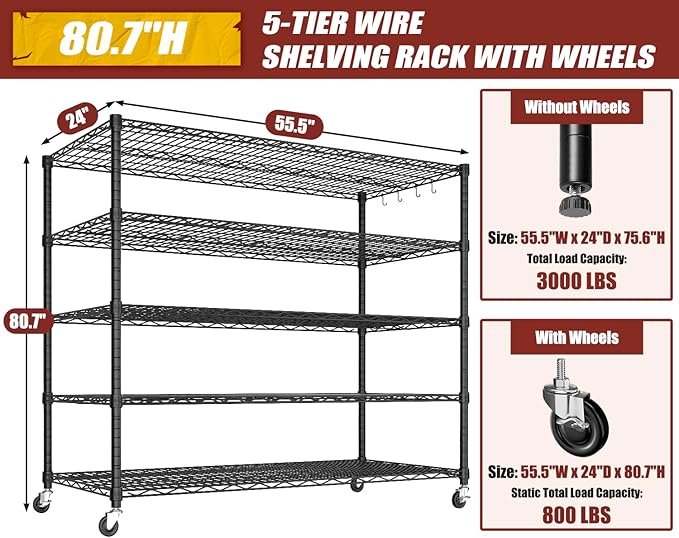 PrimeZone 5 Tier 80.7"H x 55.5"W x 24"D Wire Shelving with Wheels 3000lbs NSF Certified Storage Shelves Heavy Duty Metal Shelf Adjustable Rolling Rack Commercial Garage Restaurant Warehouse Kitchen