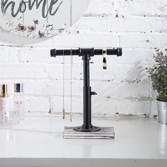 MyGift Industrial Pipe Black Metal T-Bar Adjustable Height Jewelry, Bracelet & Necklace Display Stand with Torched Wood Base