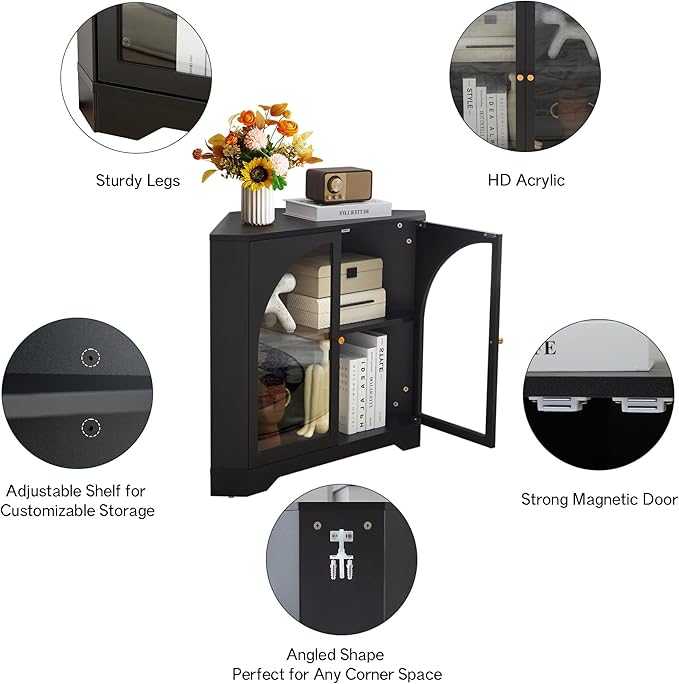 31.5" Mid-Century Modern Small Coner Storage Cabinet, Black Coner Cabinet with Arched Acrylic Mullion Door & Adjustable Shelf for Living Room, Bathroom, Kitchen Coofee Bar (Black)