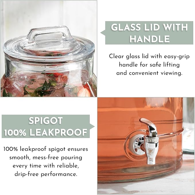 3 Gallon Glass Drink Dispensers For Parties,Classic Mason Jug Beverage Dispensers With Glass Lid With Handle And 100% Leakproof Spigot.Glass Water Jug Dispenser,Lemonade Dispenser