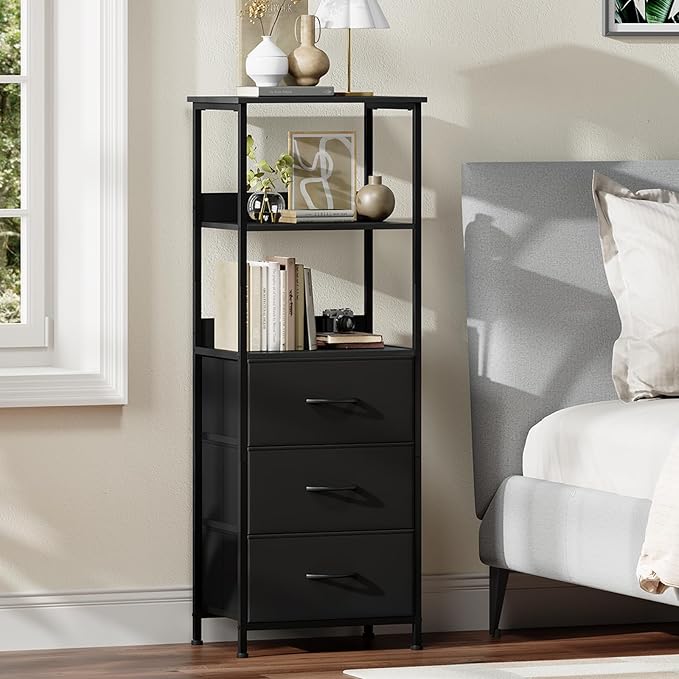 Somdot 3 Tier Bookshelf with Drawer, Tall Bookcase with Shelves, Bookshelf Desktop Organizer, Display Standing Shelf Units for Living Room, Bedroom, Study Room, Black