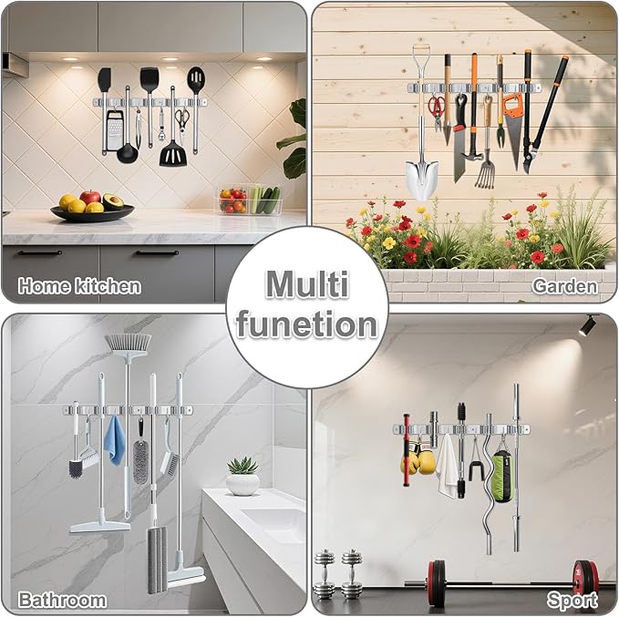 Broom Holder Wall Mount, Broom Organizer Wall Mount Stainless Steel Broom and Mop Hanger Heavy Duty Storage Organization for Home Kitchen Garden Garage Room 5 Racks 4 Hooks